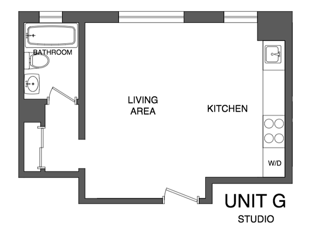 Floor plan for studio, 1 bath, 400 sqft